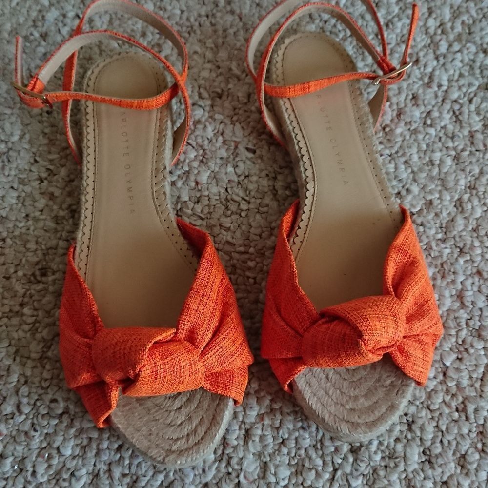Charlotte Olympia neon orange canvas bow ankle wrap sandals size 8.5 - Picture 3 of 12